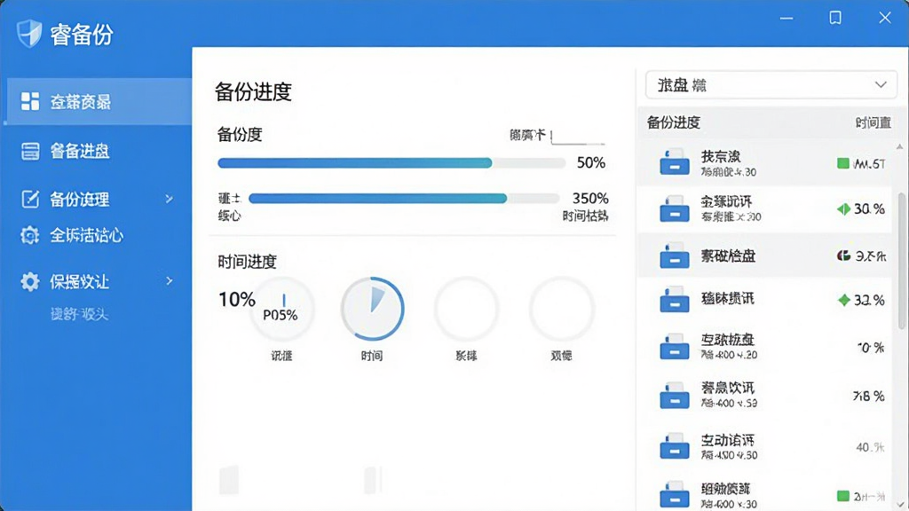 一张横版软件界面展示图,画面中央是“睿备份”主窗口,左侧为功能导航栏,右侧显示备份进度条与磁盘列表,整体采用蓝白配色,布局干净整洁,风格为现代扁平化设计,细节包含进度百分比、时间估算和状态图标,画质清晰,无多余元素