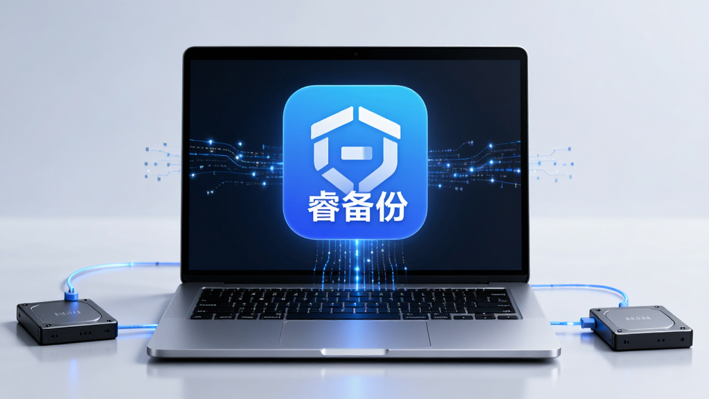 一张AI生成的概念图,主体为“睿备份”软件图标与一台笔记本电脑,布局采用居中构图,排版上软件图标位于电脑屏幕上方悬浮,风格为科技感写实风,细节包括数据流线条连接电脑与外部硬盘,画质高清,干净无杂乱元素