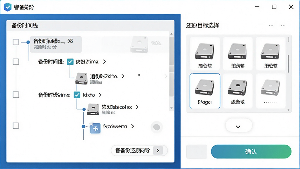 一张AI生成的操作示意图,主体为“睿备份”还原向导界面,布局为左右分栏,左侧显示备份时间线,右侧展示还原目标选择,排版清晰,风格为简洁商务风,细节包含勾选框、磁盘图标与确认按钮,画质锐利,背景干净
