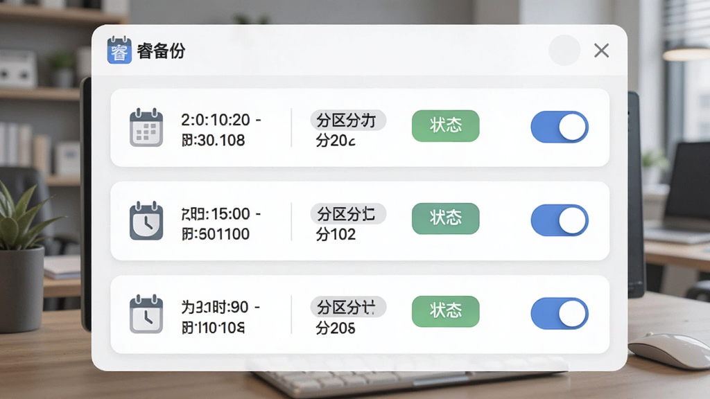 一张AI生成的场景图,主体为“睿备份”任务计划设置面板,布局为纵向列表形式,排版上每个任务条目包含时间、分区与状态标签,风格为简约办公风,细节有日历图标、时钟标记与开关按钮,画质细腻,无多余装饰