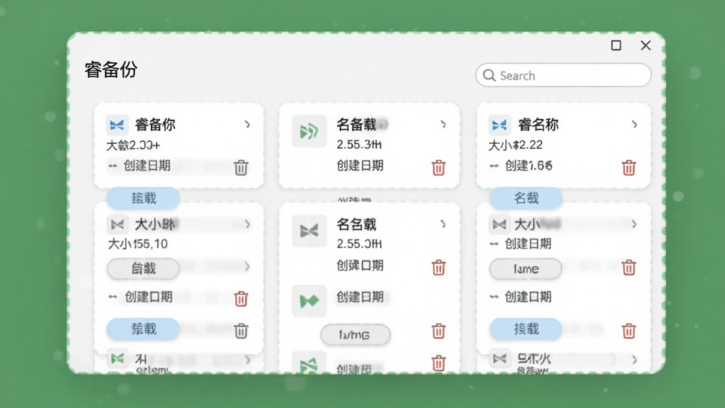 一张AI生成的界面截图风格图,主体为“睿备份”镜像管理窗口,布局采用卡片式排列,排版上每个镜像卡片显示名称、大小与创建日期,风格为清爽浅色系,细节包括挂载按钮、删除图标与搜索框,画质清晰,背景纯色无干扰