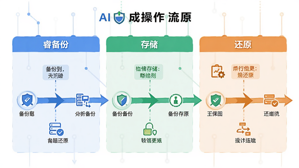 一张AI生成的操作流程图,主体为“睿备份”从备份到还原的完整步骤示意,布局采用横向时间轴,排版上分为备份、存储、还原三个阶段,风格为信息图表风,细节包含箭头、图标与简短文字标注,画质清晰,背景简洁