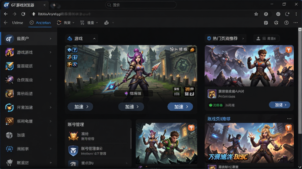 GT游戏浏览器软件界面全貌展示,画面中央是浏览器主窗口,左侧为游戏导航侧边栏,右侧显示热门页游推荐卡片,顶部有搜索框和标签页,整体布局干净简洁,采用深色科技风格,细节包括游戏图标、加速按钮、账号管理面板,画质清晰,无多余元素,适合软件下载站展示