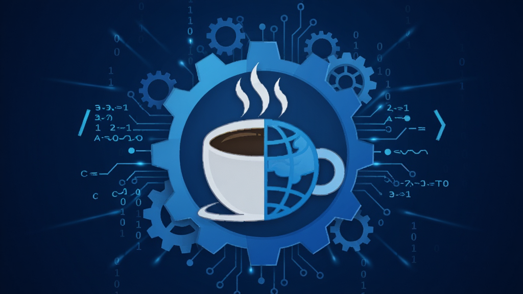 Java Runtime Environment软件主视觉图,画面中央是一杯冒着热气的咖啡图标与蓝色地球仪结合的科技感标志,四周环绕着齿轮和代码流线条,背景为深蓝色渐变,布局采用居中放射状排版,风格为扁平化科技插画,细节包含发光的电路纹理和漂浮的二进制数字,画质高清,画面干净,无多余元素