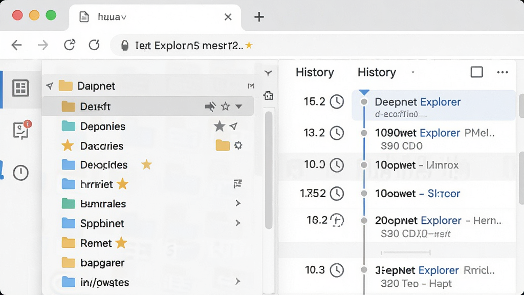һ��չʾDeepnet Explorer��ǩ����ʷ��¼���ܵ�ͼƬ������Ϊ����������չ����ǩ�б����ļ��з����������Ҳ���ʾ��ʷ��¼ʱ���ߣ����岼��Ϊ���ҷ��������Ϊ�칫��������磬ϸ�ڰ����Ǳ�ͼ����ʱ��ͼ�꣬���ʸ��壬�ɾ����޶���Ԫ��