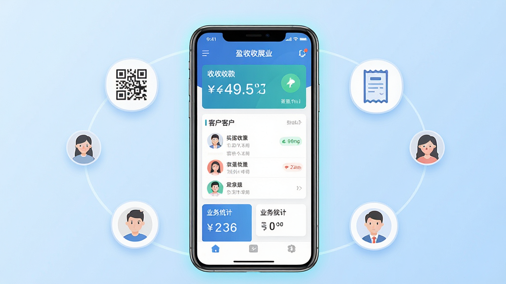 一张展示盈收收展业版手机应用界面的场景图,画面中央是一部竖屏智能手机,屏幕显示盈收收展业版的主页界面,包含收款金额、客户列表、业务统计卡片等模块,手机周围环绕着简洁的图标元素如收款码、账单、客户头像等,布局居中对称,排版干净利落,风格为现代扁平化科技风,细节上手机边缘有轻微光晕,背景为浅蓝渐变,画质高清,画面干净,无多余元素