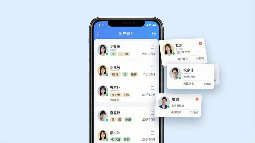 一张展示盈收收展业版客户管理功能的场景图,画面中央为手机屏幕显示客户列表界面,每个客户条目包含头像、姓名、标签和最近联系时间,屏幕右侧漂浮着几个客户名片卡片,布局为居中对齐,排版整齐有序,风格为清新简约风,细节上卡片边缘有柔和阴影,背景为淡蓝色,画质高清,画面干净,无多余元素