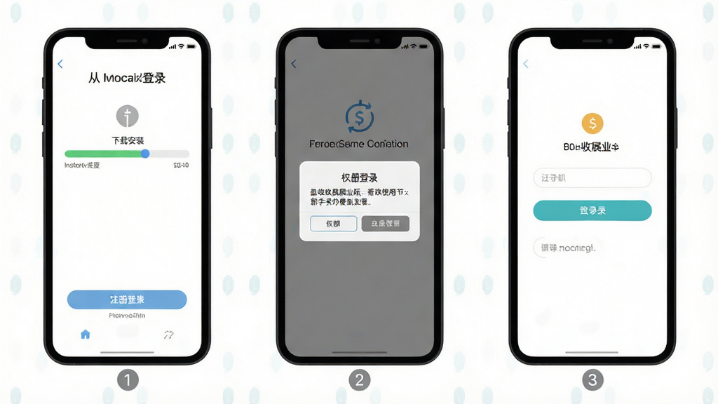 一张展示盈收收展业版新手使用步骤的示意图,画面为手机屏幕显示从下载安装到注册登录的流程界面,包含安装进度条、权限弹窗和登录页面三个场景并排展示,布局为横向排列,排版清晰,风格为扁平化教程风,细节上每个场景下方有数字序号标注,背景为白色,画质高清,画面干净,无多余元素