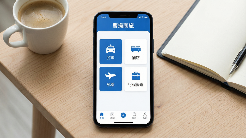 一张展示曹操商旅手机应用界面的场景图,画面中央是一部竖屏智能手机,屏幕内呈现曹操商旅APP首页,顶部显示