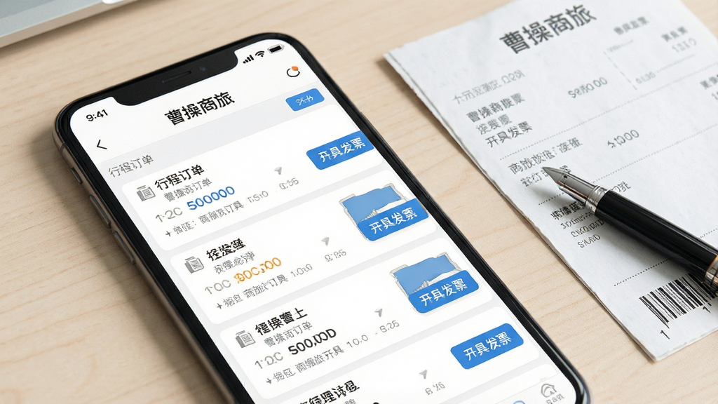 一张展示曹操商旅发票管理功能的界面图,画面为手机屏幕特写,屏幕内显示曹操商旅APP的发票管理页面,列表中有多条行程订单和
