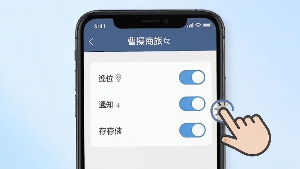 一张展示曹操商旅新手操作引导的示意图,画面为手机屏幕特写,屏幕内显示曹操商旅APP的权限设置页面,有定位、通知、存储三个权限开关,旁边有手指点击的图标。背景为浅蓝色渐变,风格简洁教程风,细节清晰,画质干净,无多余元素
