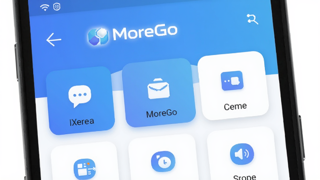MoreGo����������չʾ������Ϊһ����׿�ֻ���Ļ����Ļ����ʾMoreGoӦ����ҳ������Ϊ����Ʒ�Ʊ�ʶ���в����ܿ�Ƭ���У��Ű������򣬷��Ϊ�ִ��Ƽ��б�ƽ����ƣ�ϸ�ڰ������׽���ɫ����Բ��ͼ��������Ĺ�����ڣ����ʸ��壬�ɾ��޶���Ԫ��
