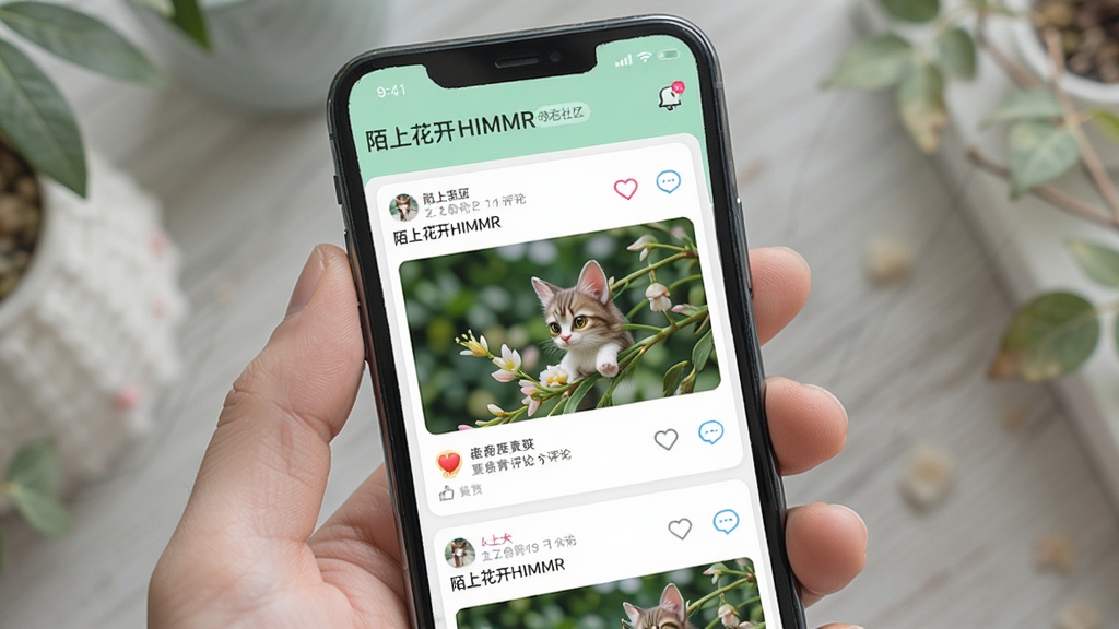 �������ֻ���Ļ����ʾ��İ�ϻ���HIMMR����̬����ҳ�棬����Ϊ���ſ�Ƭʽ��̬�ٲ������Ű��������򣬷��Ϊ�����罻����չʾ��ϸ�ڰ�������ͼ����������ݣ����ʸ��壬����ɾ����޶���Ԫ��