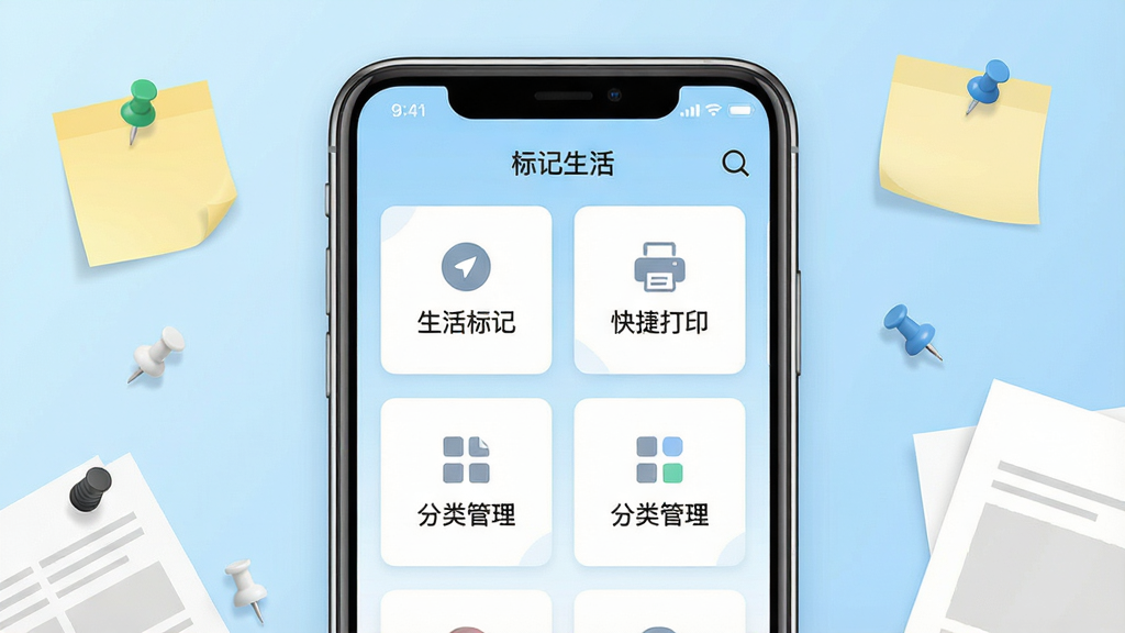一张展示标记生活软件主界面的手机样机图,画面中央是手机屏幕,屏幕内显示标记生活应用首页,首页包含“生活标记”“快捷打印”“分类管理”等功能入口卡片,背景为浅蓝色渐变,周围点缀便签纸、小图钉、打印纸等元素,风格清新简约,排版居中对称,细节清晰,画质干净,无多余元素