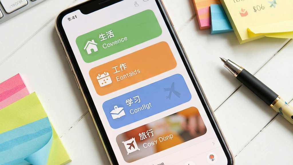 一张展示标记生活多场景记录功能的界面截图,画面中手机屏幕显示不同颜色的标签卡片,分别标注“生活”“工作”“学习”“旅行”,每张卡片上有简短的文字和图标,背景为白色桌面,旁边散落着彩色便签和一支笔,风格温馨明快,排版错落有致,细节丰富,画质清晰,无多余元素