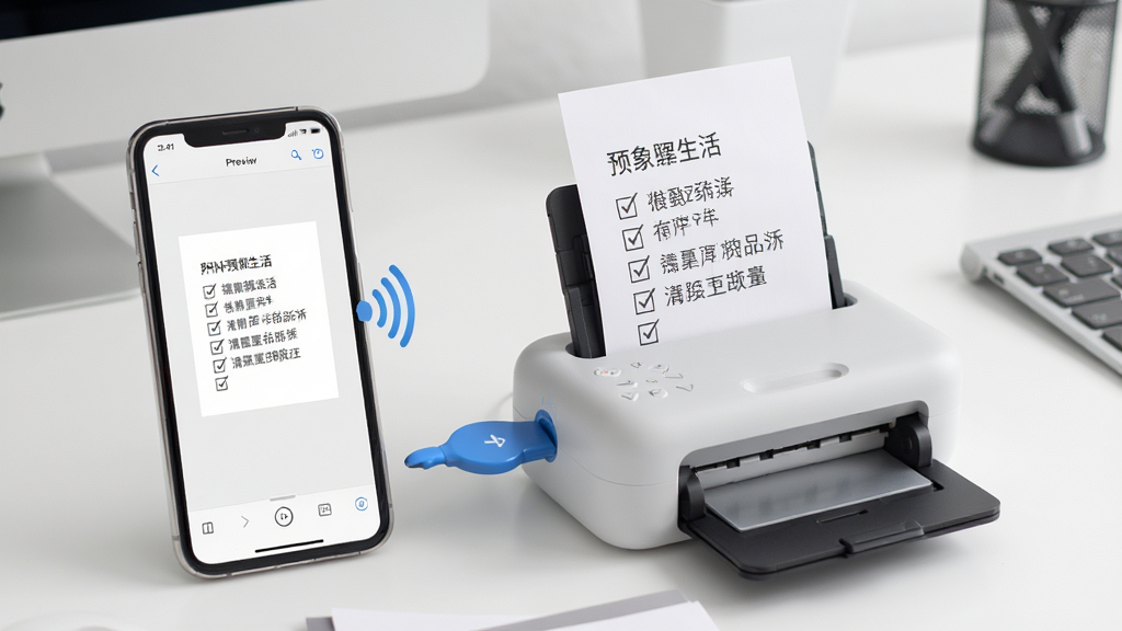 一张展示标记生活打印预览与导出功能的场景图,画面中手机通过蓝牙连接一台小型打印机,手机屏幕上显示打印预览界面,打印纸正缓缓输出带有文字和勾选框的清单内容,背景为整洁的办公桌面,风格现代简约,排版自然,细节清晰,画质干净,无多余元素