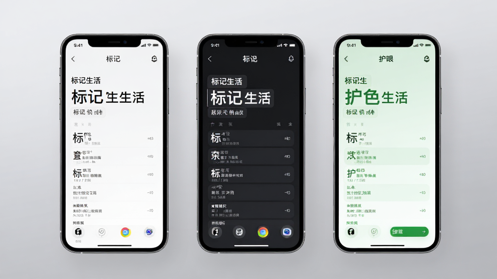 一张展示标记生活个性化主题切换效果的界面图,画面中并排展示三部手机,分别呈现浅色主题、暗黑主题和护眼绿色主题的标记生活界面,屏幕上显示不同的字体大小和配色方案,背景为柔和的灰色渐变,风格清新时尚,排版整齐,细节丰富,画质干净,无多余元素