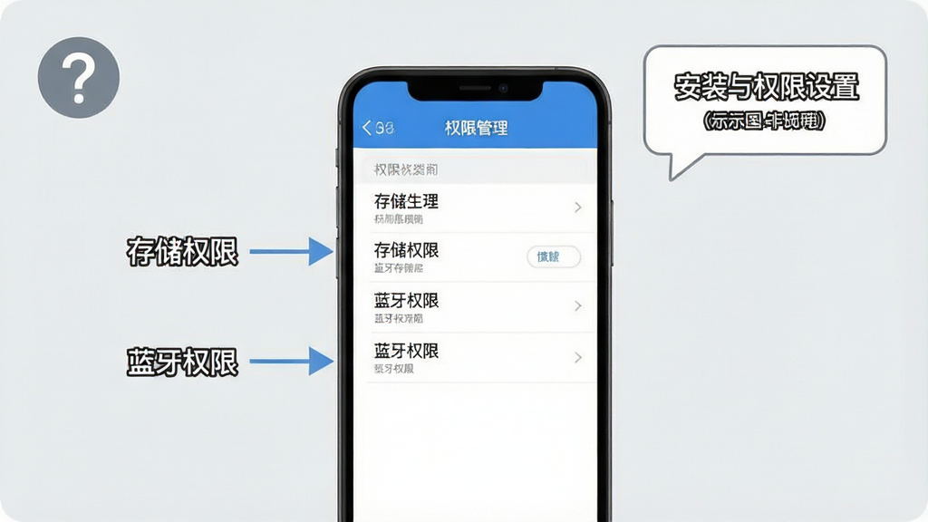 一张展示标记生活新手安装与权限设置的示意图,画面中手机屏幕显示权限管理界面,旁边有箭头指向“存储权限”“蓝牙权限”等选项,背景为浅灰色,角落放置一个问号图标和提示气泡,风格简洁明了,排版清晰,细节到位,画质干净,无多余元素