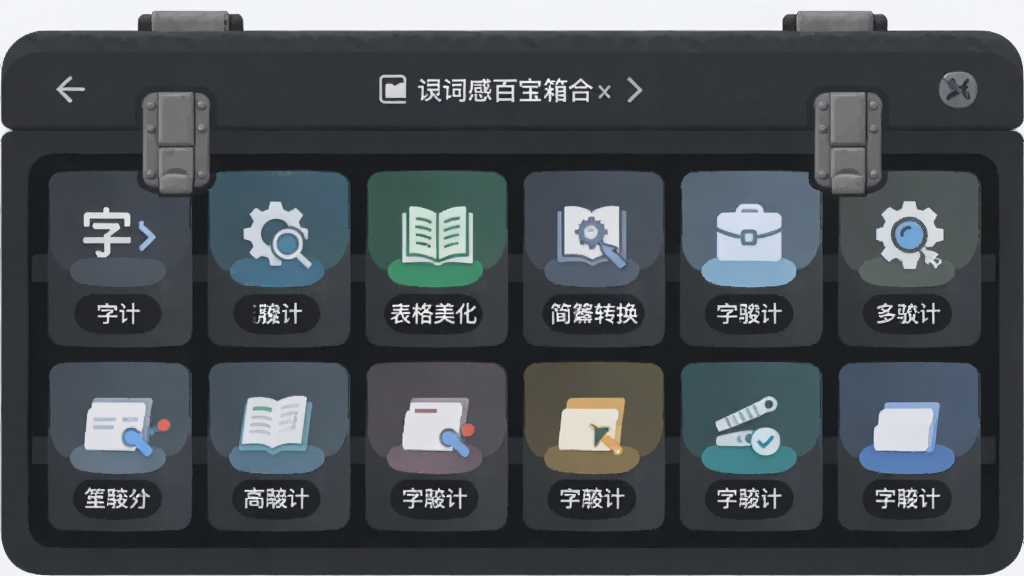 Word灵感百宝箱实用工具集合面板,主体是一个工具箱界面,里面整齐排列着字数统计、表格美化、简繁转换等工具图标,布局紧凑有序,风格现代扁平化,细节体现功能多样,画质清晰,干净无多余元素