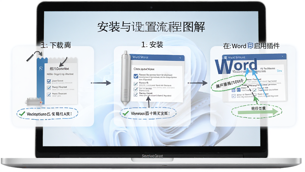 Word灵感百宝箱安装与设置流程图解,主体是一台笔记本电脑屏幕,屏幕上分步骤展示下载、安装、在Word中启用插件的流程,布局为横向流程图,风格简洁教程风,细节包含勾选加载项、点击信任等操作示意,画质清晰,干净无多余元素