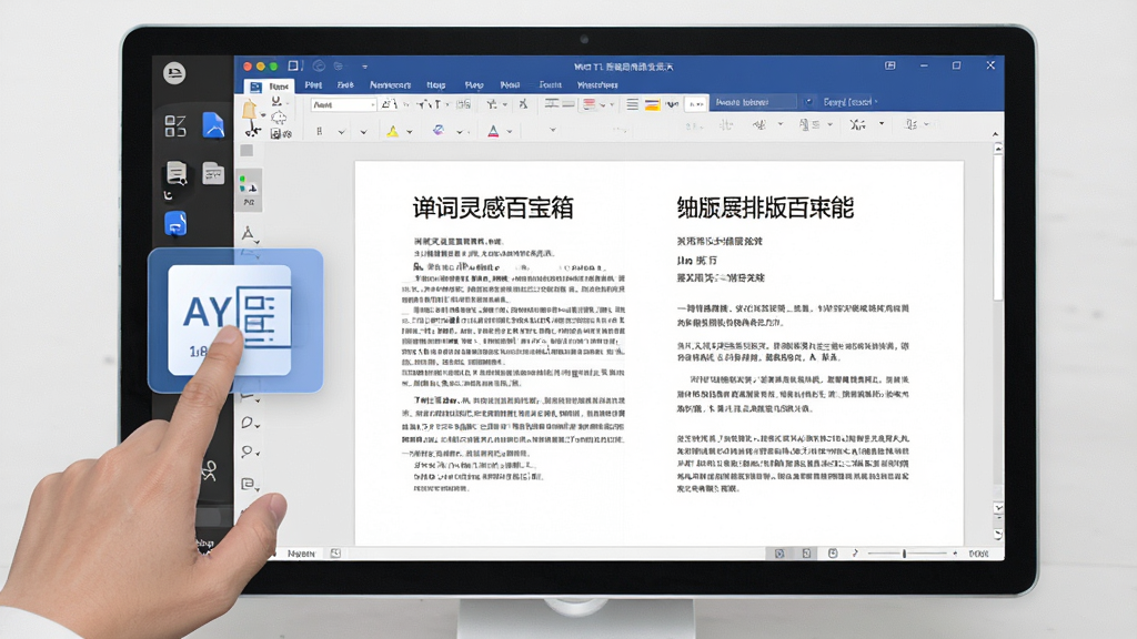 Word灵感百宝箱一键智能排版功能展示,画面中一只手点击屏幕上的排版按钮,Word文档中的杂乱文字瞬间变得整齐规范,标题和正文层次分明,风格简洁商务,突出智能与高效,画质清晰,干净无多余元素