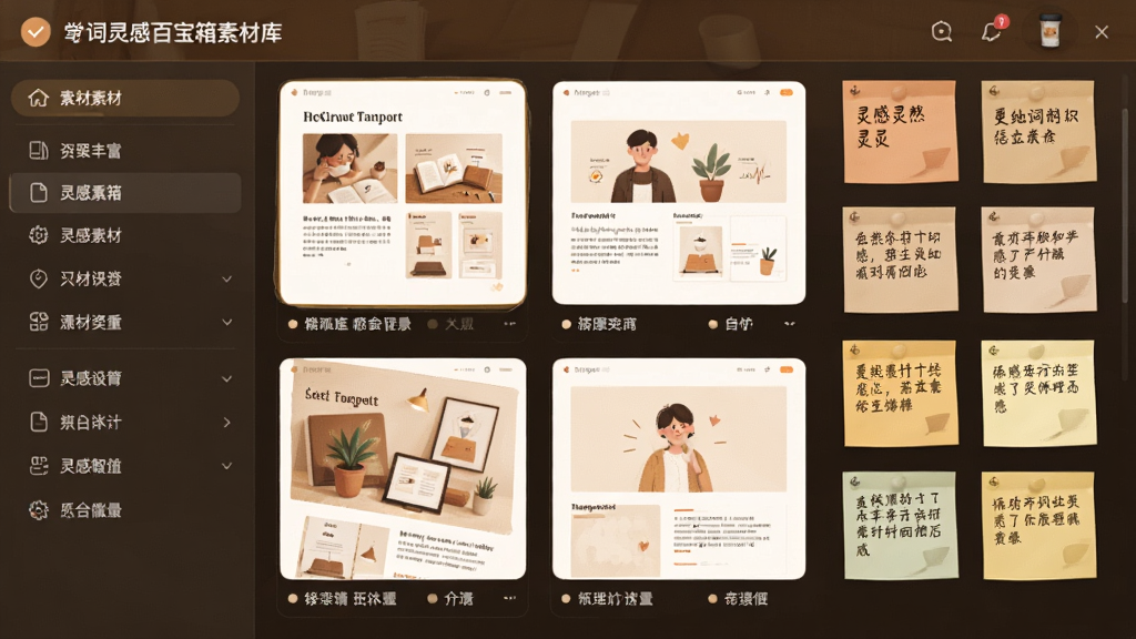 Word灵感百宝箱素材库界面,主体是一个分类清晰的素材面板,左侧为分类目录,右侧展示文档模板卡片和灵感便签,画面采用暖色调,体现资源丰富与灵感激发,排版整齐,画质清晰,干净无多余元素