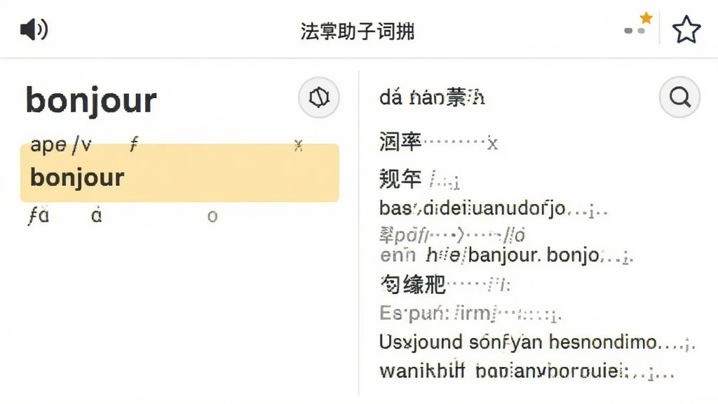 一张展示法语助手词典查询界面的图片,画面中法语单词“bonjour”被高亮显示,旁边有音标、词性、中文释义和例句,界面布局为左词右释,风格干净整洁,细节包括发音喇叭图标与收藏星标,画质清晰,无多余元素
