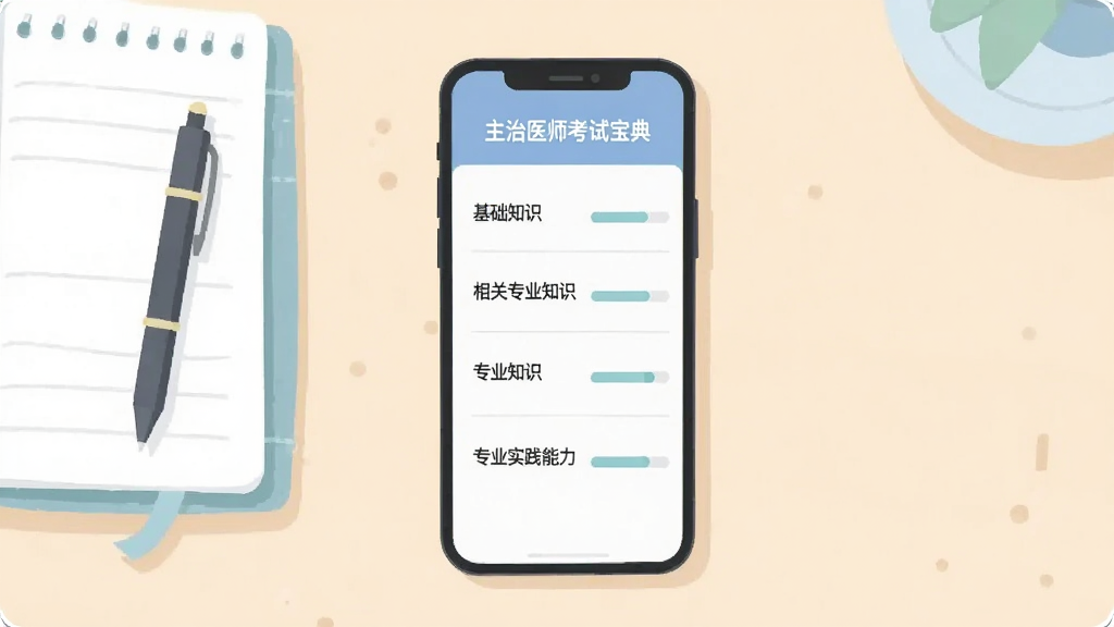 画面为一部智能手机,屏幕显示主治医师考试宝典的章节练习列表,列表项标注
