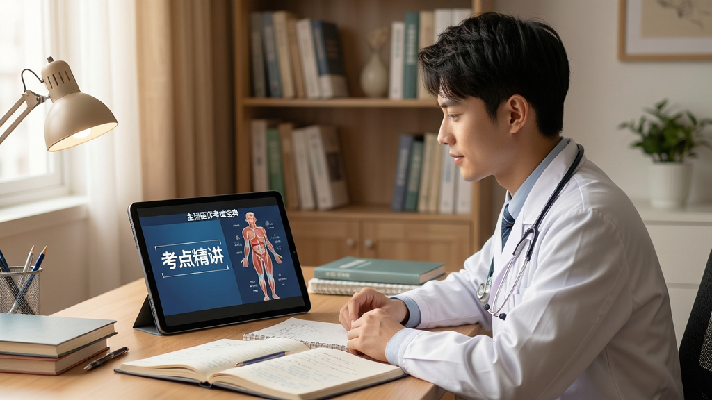 画面为一位穿着白大褂的年轻医生坐在书桌前,面前平板电脑正在播放主治医师考试宝典的视频课程,屏幕上显示