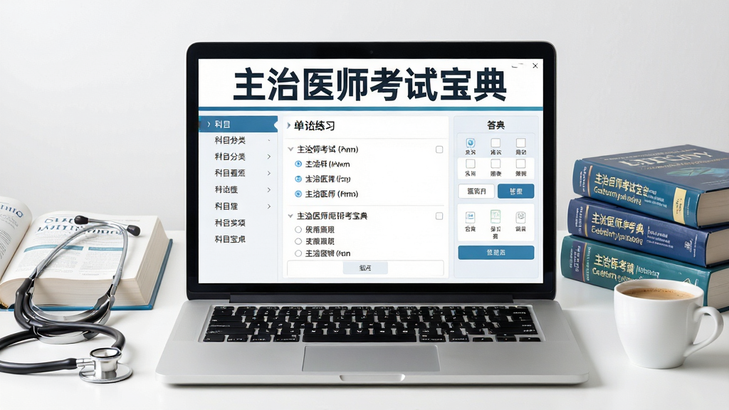 画面中央是一台打开的笔记本电脑,屏幕上显示着主治医师考试宝典的题库练习界面,左侧为科目分类导航,右侧为单选题与答题卡区域,屏幕上方有醒目的软件名称文字
