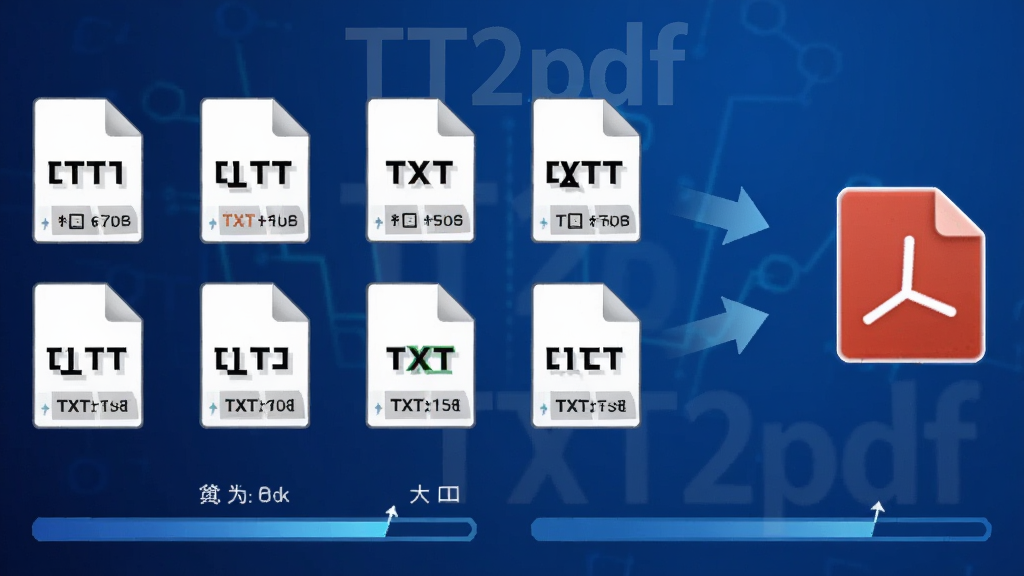 一张展示TXT2pdf批量转换功能的图片,画面中多个TXT文件图标排列整齐,通过箭头指向一个PDF文件图标,背景中隐约可见