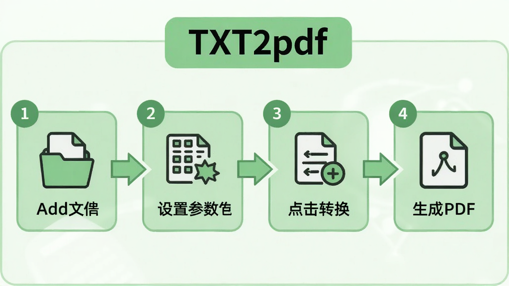 一张展示TXT2pdf操作流程的图片,画面以流程图形式呈现,从左到右依次为添加文件、设置参数、点击转换、生成PDF四个步骤,每个步骤配有简洁的图标,画面顶部有