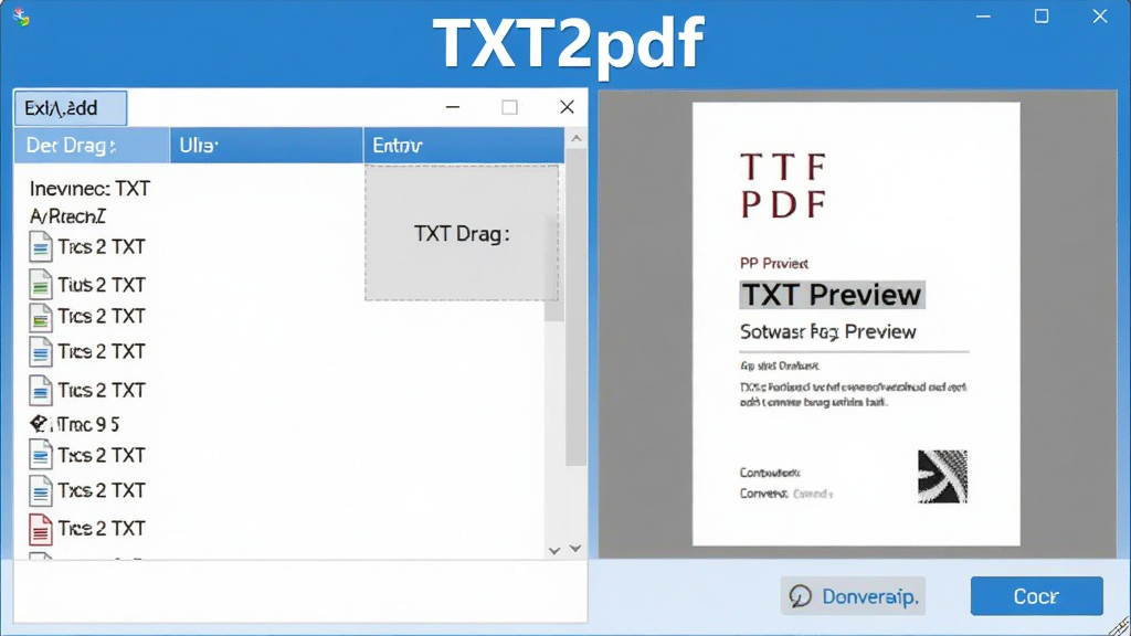 一张展示TXT2pdf软件界面的图片,画面中央是软件主窗口,左侧显示待转换的TXT文件列表,右侧是PDF预览区域,窗口顶部有醒目的