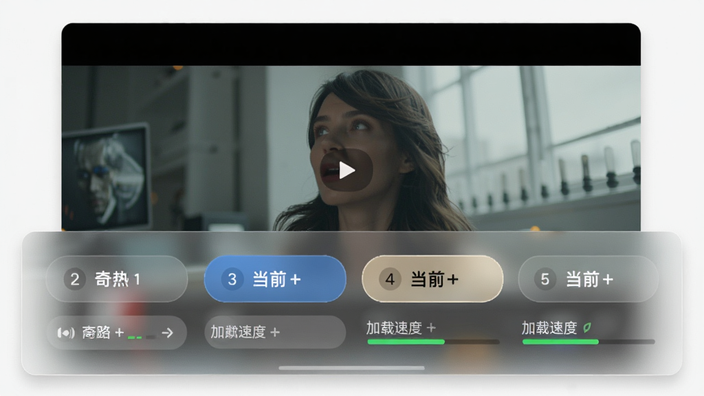 奇热影视盒多线路播放切换功能展示,主体为视频播放窗口下方的线路选择面板,布局为播放器底部弹出式菜单,排版为横向排列的线路按钮组,风格为半透明毛玻璃效果,细节包含线路序号标签、当前选中高亮状态、加载速度指示条,画质高清干净无多余元素