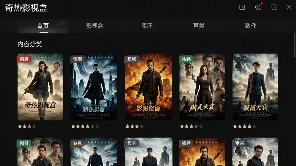 奇热影视盒海量影视资源聚合界面,主体为软件内容分类页面,布局采用顶部横向导航与下方海报网格排列,排版整齐有序,风格为深色影院质感,细节包含电影海报缩略图、类型标签角标、评分星级标识,画质高清干净无多余元素