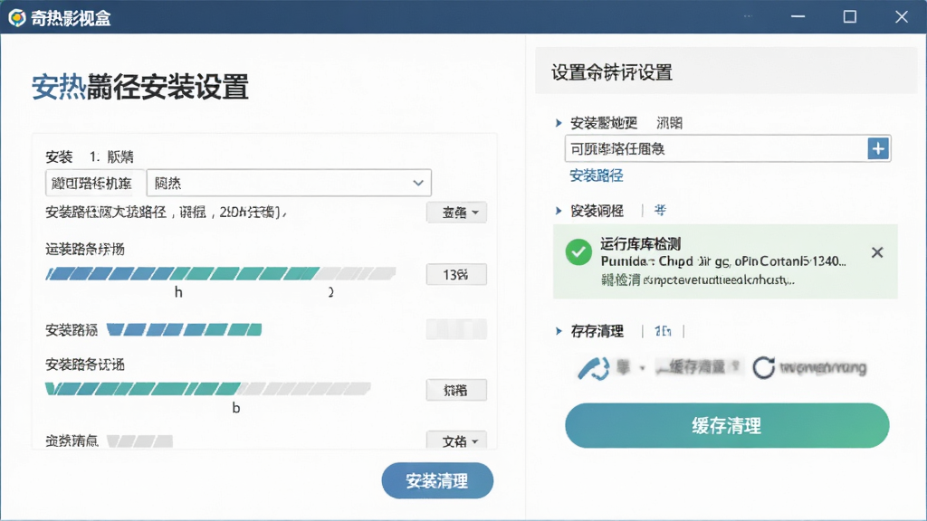 奇热影视盒新手安装与设置界面截图,主体为软件安装向导与设置面板组合画面,布局为左侧安装进度右侧设置选项,排版清晰分步展示,风格为简洁商务风,细节包含安装路径选择框、运行库检测提示、缓存清理按钮,画质高清干净无多余元素