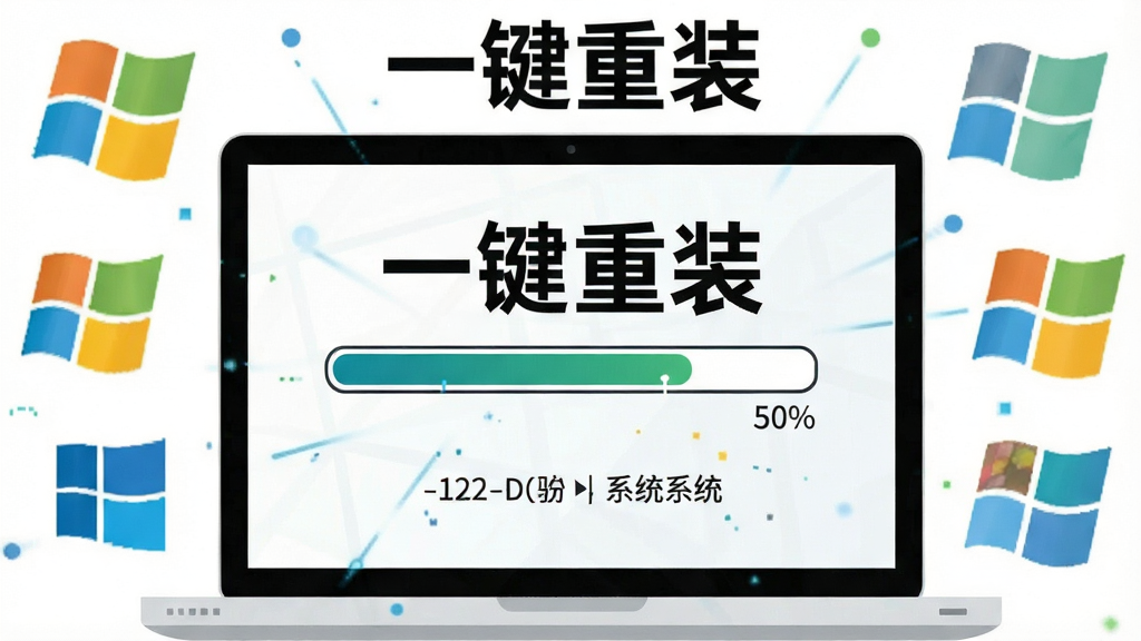 一张表现一键重装系统的概念图,画面中一台笔记本电脑屏幕上显示进度条,周围环绕着Windows系统图标和“一键重装”字样,主体突出,布局居中,风格扁平化科技风,细节包括进度百分比和系统版本标识,画质清晰,干净无多余元素