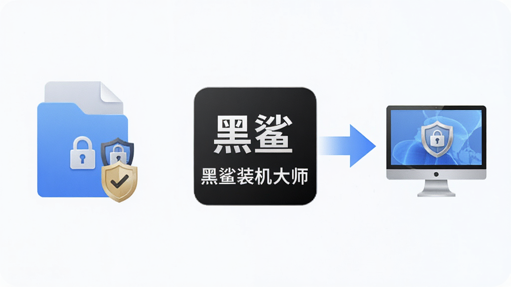 一张表现系统备份与还原功能的示意图,画面左侧是备份文件图标,右侧是还原箭头指向电脑,中间有“黑鲨装机大师”标识,布局对称,风格简洁商务,细节有盾牌安全符号,画质清晰,干净无多余元素