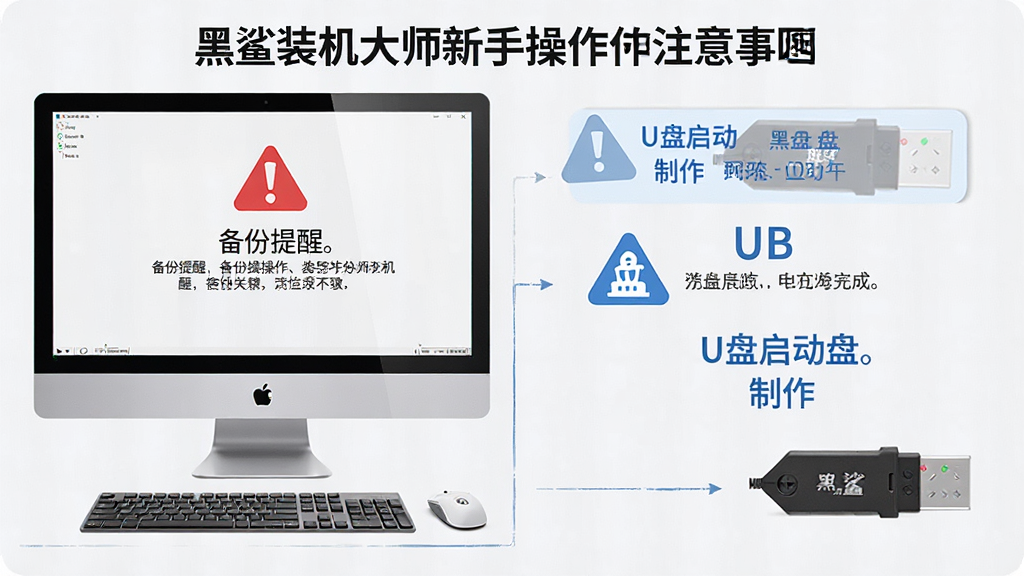 一张展示黑鲨装机大师新手操作注意事项的示意图,画面中电脑屏幕上显示备份提醒和U盘启动盘制作步骤,主体为电脑和U盘,布局分左右两块,风格信息图表风,细节有红色警告图标和蓝色提示图标,画质清晰,干净无多余元素