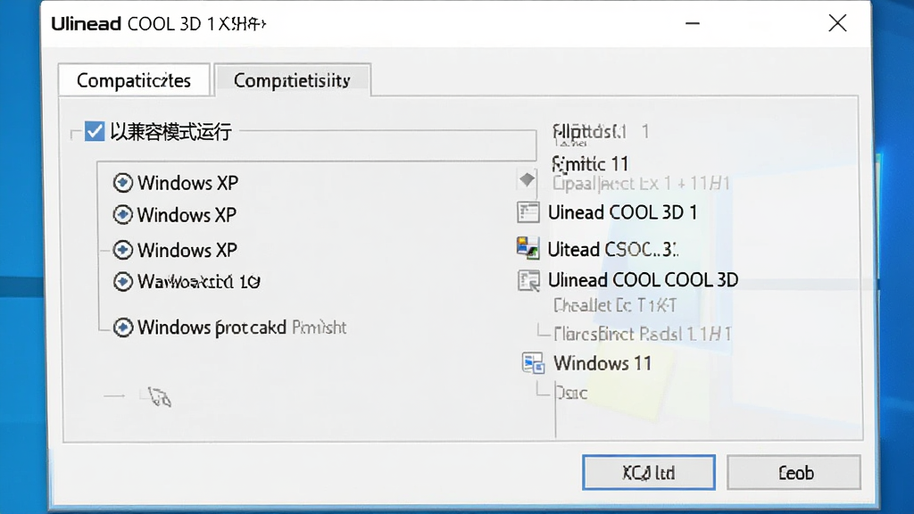 Ulead COOL 3D 在 Windows 11 系统上的兼容性设置界面截图,主体为右键属性菜单中的兼容性选项卡,布局为对话框样式,排版清晰,风格为系统界面截图,细节包含“以兼容模式运行”勾选项和 Windows XP 选项,画质高清,干净,无多余元素