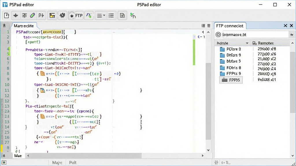PSPad editor 内置 FTP 与宏功能示意图,画面左侧为代码编辑区,右侧为 FTP 连接面板显示远程目录列表,顶部工具栏有宏录制按钮,界面元素排列整齐,风格为现代桌面软件写实截图,色彩柔和,细节清楚,画质高清,无杂乱元素