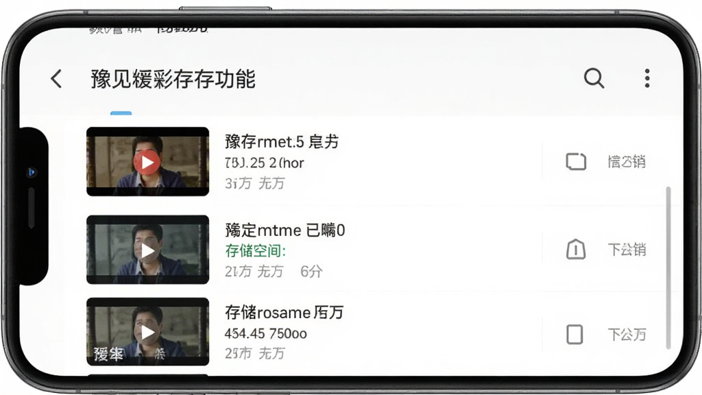 豫见精彩离线缓存功能界面,主体为下载管理列表,布局为手机应用内页面,风格简洁扁平,细节包含已缓存视频缩略图与存储空间提示,画质清晰干净,无多余元素