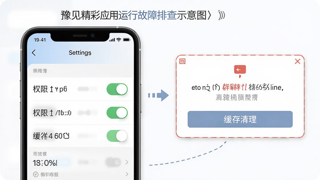 豫见精彩应用运行故障排查示意图,主体为手机设置界面与错误提示框,布局为左右对比排版,风格信息图表,细节包含权限开关与缓存清理按钮,画质清晰干净,无多余元素