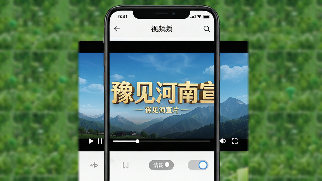 豫见精彩应用内的视频播放页面,主体为豫见河南宣传片播放窗口,布局为竖屏手机界面,风格写实清新,细节包含播放进度条与清晰度切换按钮,画质高清干净,无多余元素