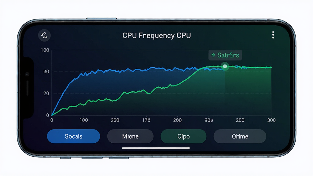 Booster CPU���ܵ�Ƶ����չʾ��������һ���ֻ�������ʾCPUƵ������ͼ�ͳ����л���ť������Ϊ��ɫ���䣬����ͼʹ������˫ɫ��ʶ���Ű�����ֱ�ۣ����ʸ��壬�ɾ��޶���Ԫ��