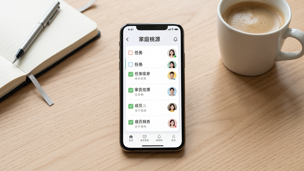 画面中心是一部手机,屏幕显示“家庭桃源”的家庭任务管理界面,界面中有任务列表和成员头像,布局清晰。背景为简约的木质桌面,桌面上有笔记本和一杯咖啡,风格清新商务,细节精致,画质高清干净,无多余元素。