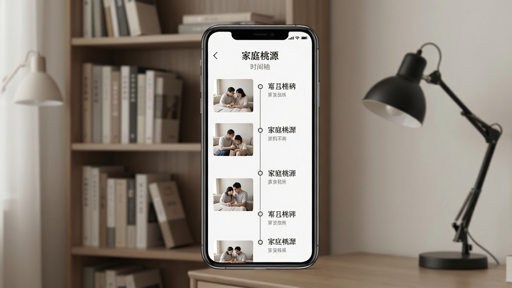 手机展示“家庭桃源”时间轴界面,有照片和日期节点,布局纵向排列。背景为书房一角,有书架和台灯,风格素雅安静,细节清晰,画质干净,无多余元素。