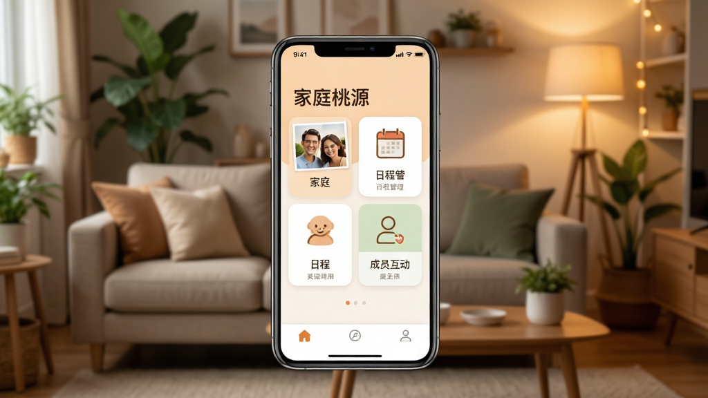 画面中央展示一部智能手机,手机屏幕上显示“家庭桃源”应用的主界面,界面中包含家庭相册、日程管理、成员互动等模块图标,整体布局简洁温馨。背景为温暖的客厅场景,有沙发、绿植和暖色灯光,风格写实温馨,细节丰富,画质清晰干净,无多余元素。