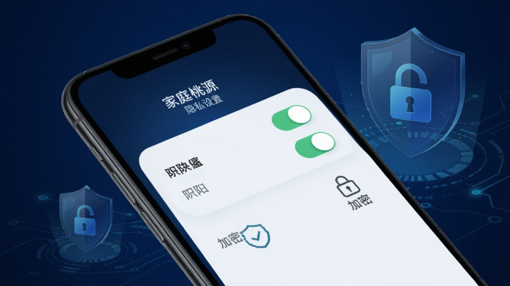手机屏幕显示“家庭桃源”隐私设置界面,有权限开关和加密标识,界面简洁。背景为深蓝色科技感背景,有盾牌和锁的抽象图案,风格现代简约,细节精致,画质高清干净,无多余元素。