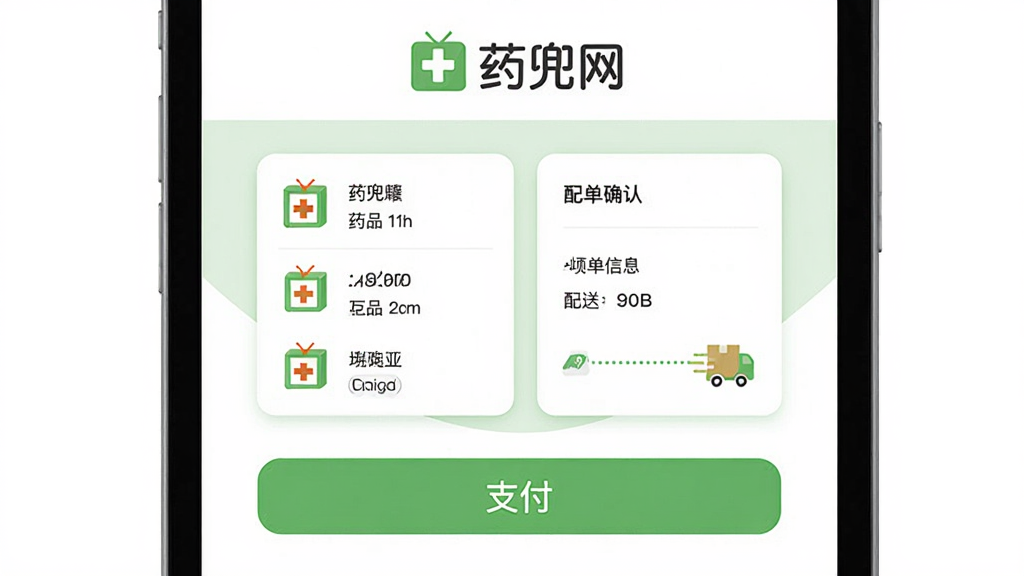药兜网软件订单确认页面,画面中央展示药品清单和配送信息卡片,上方有药兜网文字标识,下方有支付按钮,背景为白色和浅绿色搭配,风格清新简洁,布局整齐,细节包含药盒小图标、地址标签和物流小车元素,画质清晰,干净无多余元素